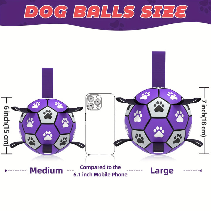 Purple and Black Durable Rubber Interactive Dog Soccer Ball Toy - Paw Print Design, Straps for Tug-of-War, Ideal for Small to Large Breeds, Indoor & Outdoor Play