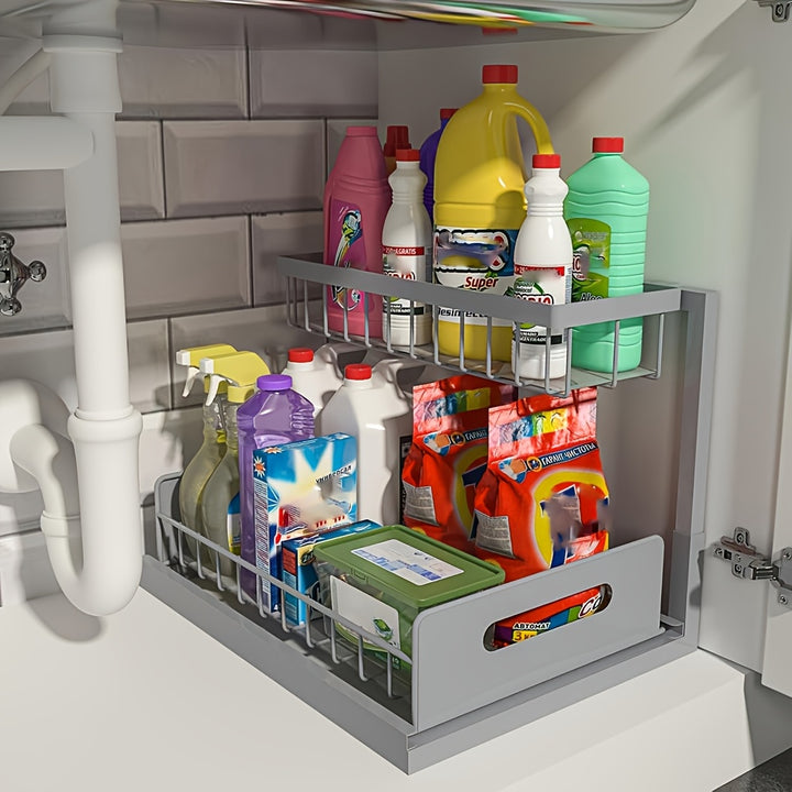 Two-Level Organizers for Under The Sink, Featuring a Sliding Pull-Out Shelf Made of Metal