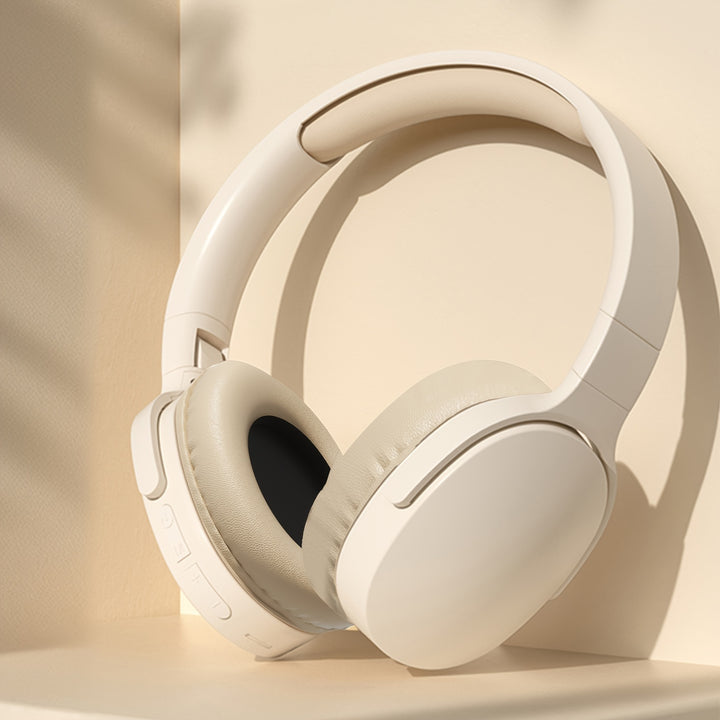 GENAI P2961 Over-Ear Wireless Headphones - Sleek White & Beige, 20H Playtime, Comfortable & Foldable, Wireless Connectivity, Noise-Canceling Mic, Ideal for Travel, Home, Office - Perfect Gift for Women, Teens