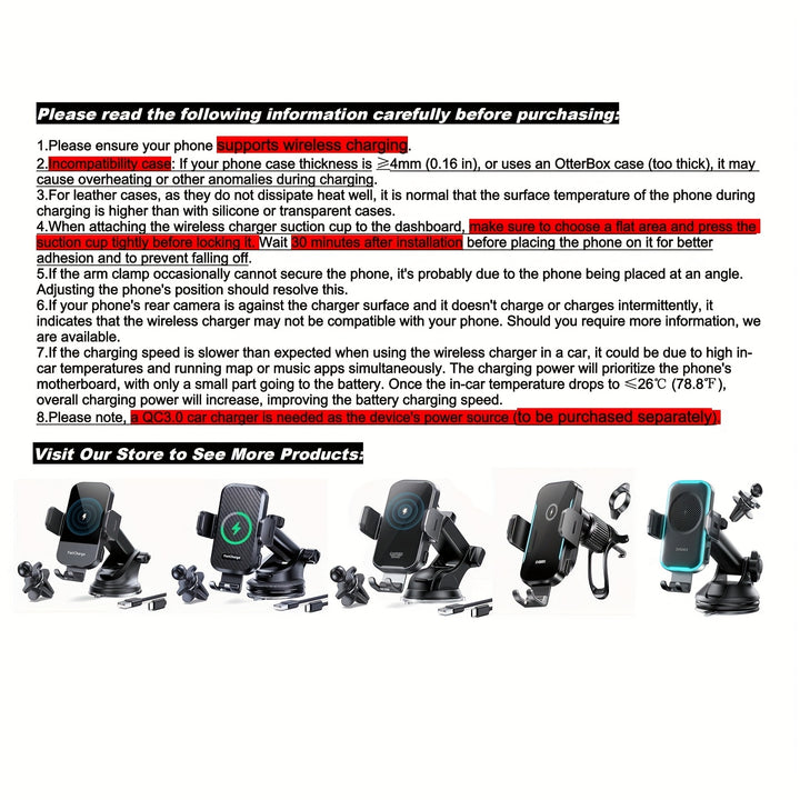 [Fast Wireless Car Charger] Fast Charging Wireless Car Charger, Auto Clamping Car Charger Phone Mount Phone Holder, Without Battery