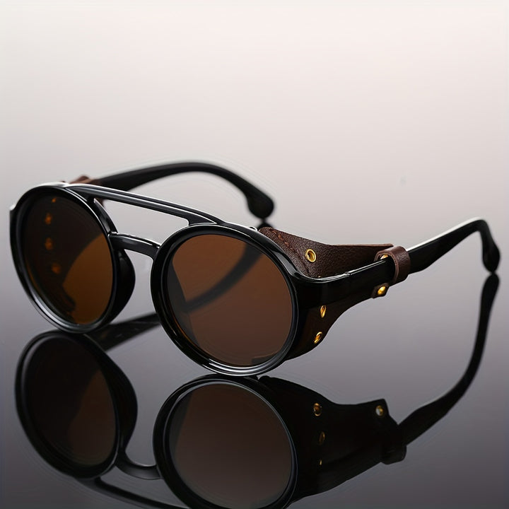 [Steampunk Round] Gafas Redondas Vintage KEITHION Steampunk - Gafas Retro con Lados de Cuero Sintético - Para Hombres