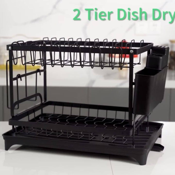 2 Tier Dish Drying Rack For Kitchen Counter, Dish Drainers For Kitchen Counter With Drainboard, Metal Kitchen Dish Rack With Drain, Kitchen Drying Rack Two Tier, Black Dish Racks