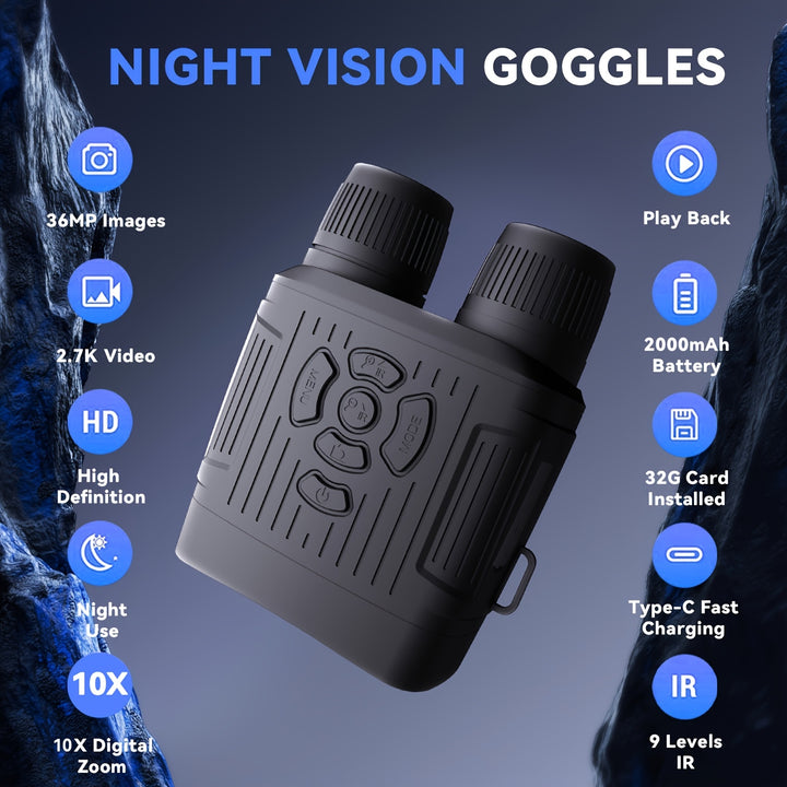 [Jumelles de Vision Nocturne Extérieures] Jumelles de Vision Nocturne Pour Extérieur, Lunettes de Vision Nocturne Infrarouges Pour Adultes, Carte de 32 Go Pour Sauvegarder Photos et Vidéos Pour Camping, Chasse & Sécurité