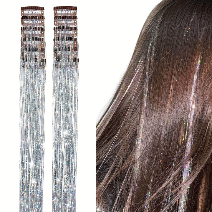 12Pcs Hair Tinsel Clip In 19.6Inch Tinsel Hair Extensions Clip In Hair Tinsel Kit Heat Resistant Shiny Sparkle Glitter Hair Extensions Fairy Hair Accessories For Women