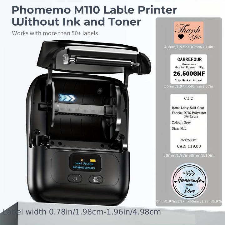 Phomemo M110 Impresoras de Etiquetas Térmicas - Impresora de Etiquetas de Código de Barras, Impresora de Etiquetas Inalámbrica, Impresora Portátil para Pequeñas Empresas, Dirección, Logo, Ropa, Envíos, Impresora de Stickers para Teléfono y PC