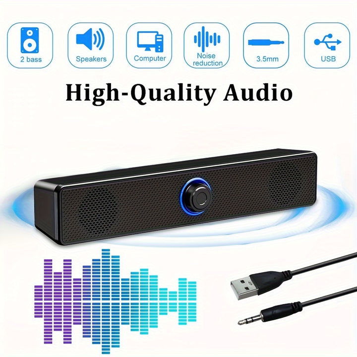 High-Fidelity Desktop Speaker with USB Power - Stereo Sound, Deep Bass, AUX Input for Laptops & Computers - Black