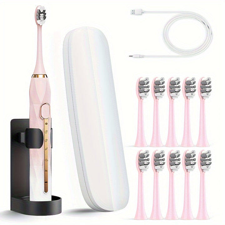 Acoustic Electric Toothbrush USB Rechargeable Couple Rechargeable Metal Shaft Adult Man And Woman Rechargeable Toothbrush Intelligent Timer 10 Replaceable Toothbrush Heads 5 Colors A Toothbrush Base A Portable Case