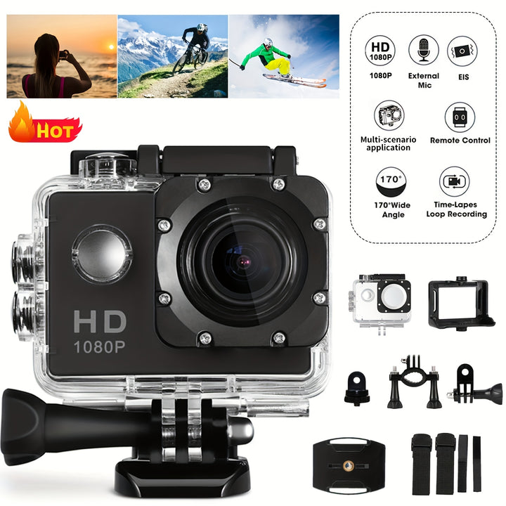 1080P HD Action Camera with 140° Wide Angle, 5.08cm LCD Display, Digital Image Stabilization, Auto Exposure, Fisheye Lens, Rechargeable Battery, USB Power, SD Card Slot, MP4 File Format - Ideal for Outdoor Sports Recording