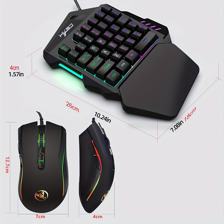 HXSJ Gaming One-Handed Keyboard And Mouse Set with 35 Keys, Dual-Color Injection Molded Keycaps, Colorful Backlight, USB Plug-And-Play Optical Mouse Combo Suitable for Gaming.