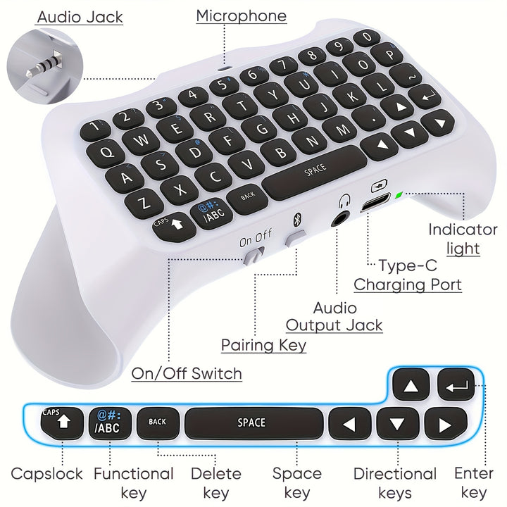 Teclado Controlador Sem Fio para PS5, Gamepad Mini Portátil BT 3.0 com Alto-falante Integrado e Conector de Áudio de 3,5MM, Bateria de Polímero de Lítio Recarregável, Placa de Chat de Voz para Mensagens e Chat Ao Vivo em Jogos