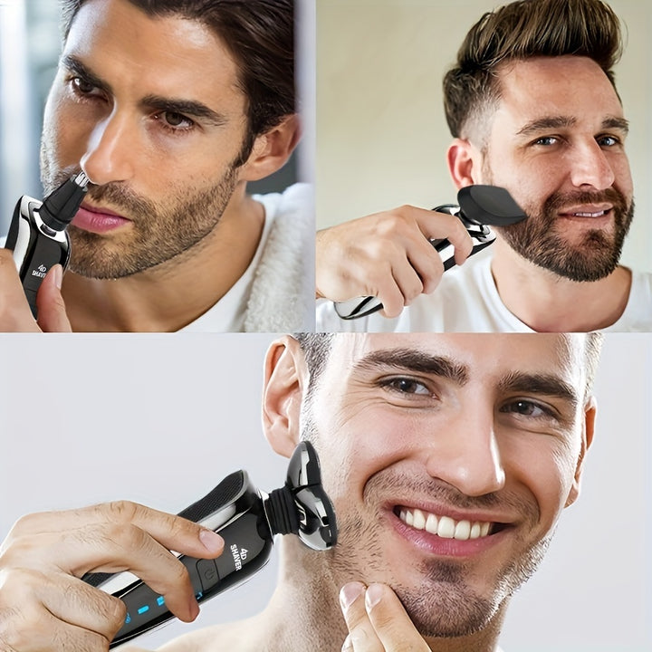 Rechargeable Full Body Washable Electric Shaver, For Men, With Nose And Sideburn Trimmers Plus Facial Cleansing Brush And Barber Heads - For A Smooth, Clean Shave. Rechargeable Full Body Washable Shaver, 3-Blade Head Shaver,