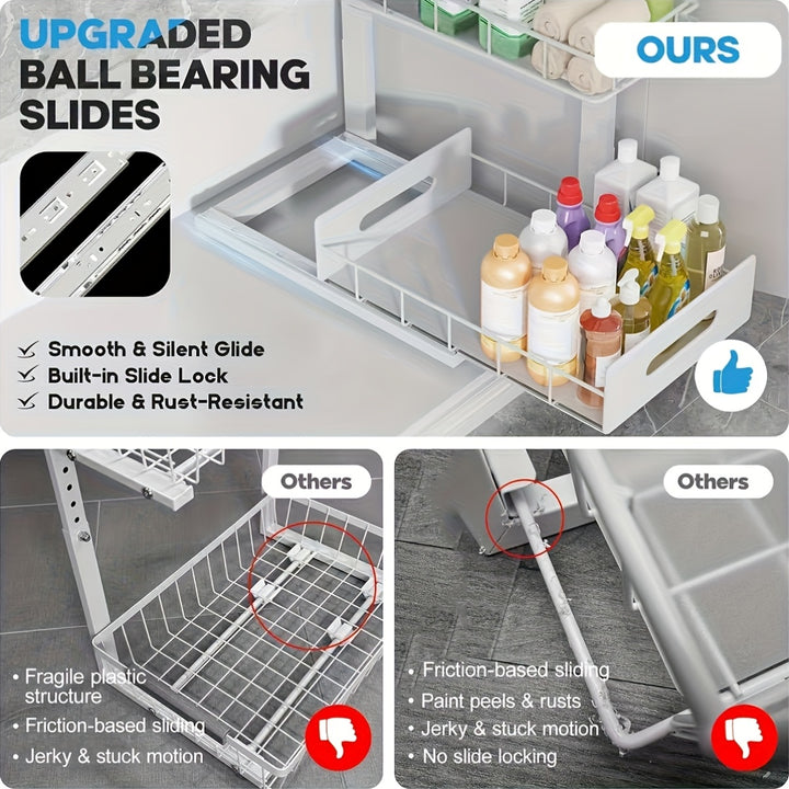 Two-Level Organizers for Under The Sink, Featuring a Sliding Pull-Out Shelf Made of Metal