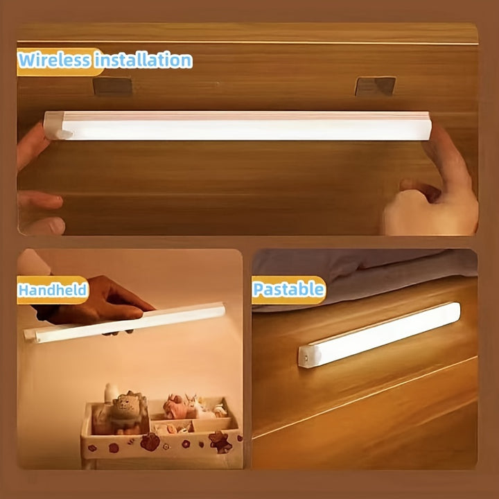 USB Rechargeable LED Motion Sensor Light Strip - Dimmable, Stick-On Wall Lamp for Closets & Cabinets, Battery-Powered with 350mAh, White/Yellow Light Modes, Easy Install, Ideal for Home Office Use