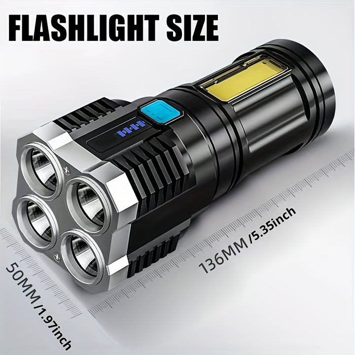 1pc Outdoor Strong Light Flashlight, 4 Four Lights, Strong Light Long-range Flashlight, Rechargeable COB Side Light Searchlight