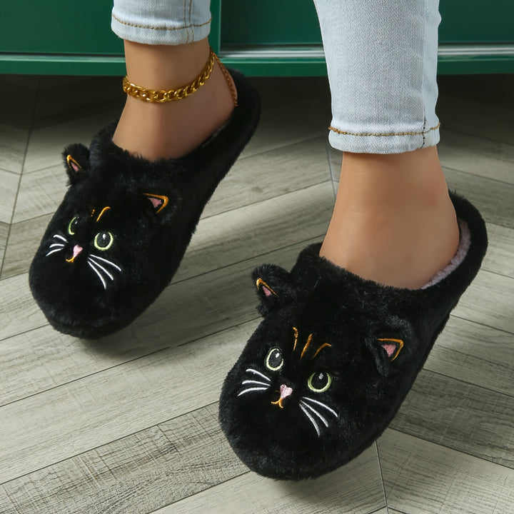 Pantofole da Donna con Gatto Nero Simpatico Cartone Animato con Grandi Occhi e Orecchie, Pantofole Slip-on per Interni Morbide e Calde Antiscivolo con Tomaia in Tessuto, Interno, Soletta e Suola in TPR