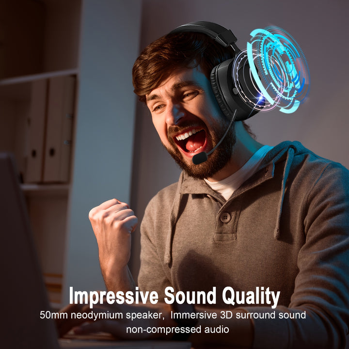 Wireless Gaming Headset with Detachable Noise-Canceling Mic, 2.4G Wireless, USB & 3.5mm Jack - Compatible with PC, PS4, PS5, for Switch, Phones & Tablets, 3 Modes