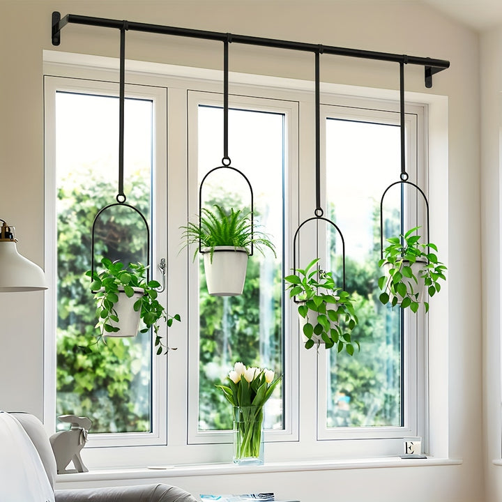 1 Set Metall verstellbare hängende Pflanzgefäße mit 4 Stück Kunststofftöpfen, Schiene für Indoor-Fenster- und Deckenkräutergarten, Wandpflanzenhänger mit Nylonkordeln, 11,8" - 18,1" Breite erweiterbare Schubladen für Töpfe und Pfannen, Küchen-Ausziehregal