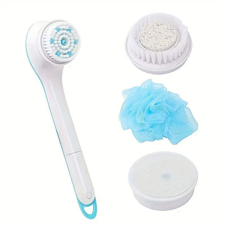 Brosse de bain électrique avec long manche, gommage corporel à poils doux, brosse de douche exfoliante pour un nettoyage en profondeur et un massage de la peau, alimentée par batterie sèche, sans batterie incluse.