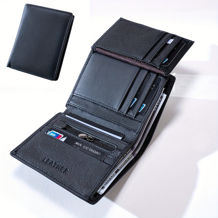 1pc Men's Genuine Leather Wallet, Retro Thin Vertical Short ID Credit Card Holder