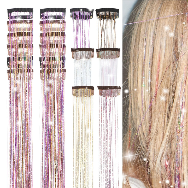 12Pcs Hair Tinsel Clip In 19.6Inch Tinsel Hair Extensions Clip In Hair Tinsel Kit Heat Resistant Shiny Sparkle Glitter Hair Extensions Fairy Hair Accessories For Women