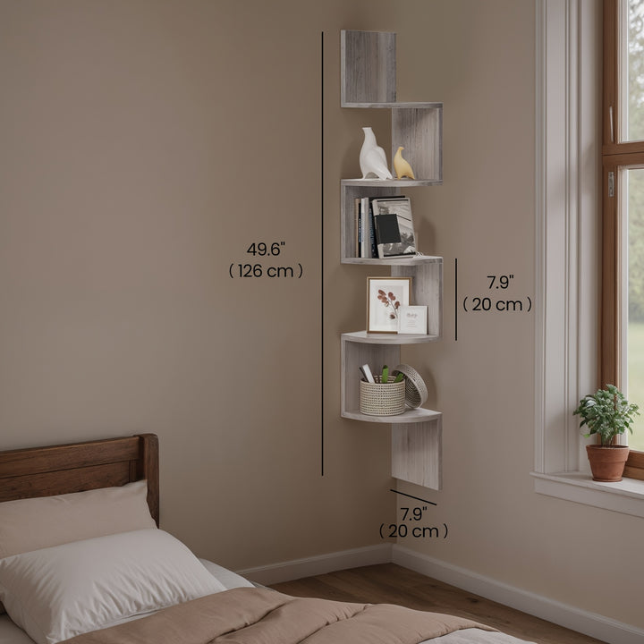 Organisateur d'étagère d'angle mural à 5 niveaux - Étagère de rangement flottante à design radial - pour chambre, salle de bain, salon et bureau à domicile