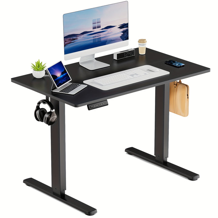 63" Adjustable Height Electric Standing Desk - Modern Wooden Workstation with 4-Panel Display Setup, Storage Shelf & Hooks for Home Office, Bedroom, or Gaming Room, Workspace Organizer | Sleek Metal Frame | Iron Construction,