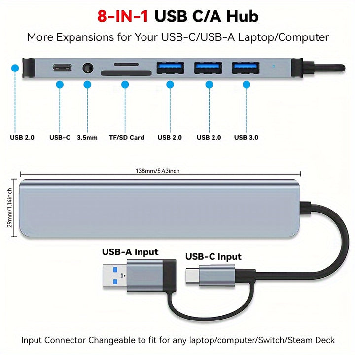 3.0 High speed USB C hub USB splitter 8-in-1 USB extender with 4 USB ports and 1 USBC TF/SD card reader 3.5mm audio output, suitable for MacBook Pro/iPad Pro/HP laptops/Galaxy phones (1 to 8)