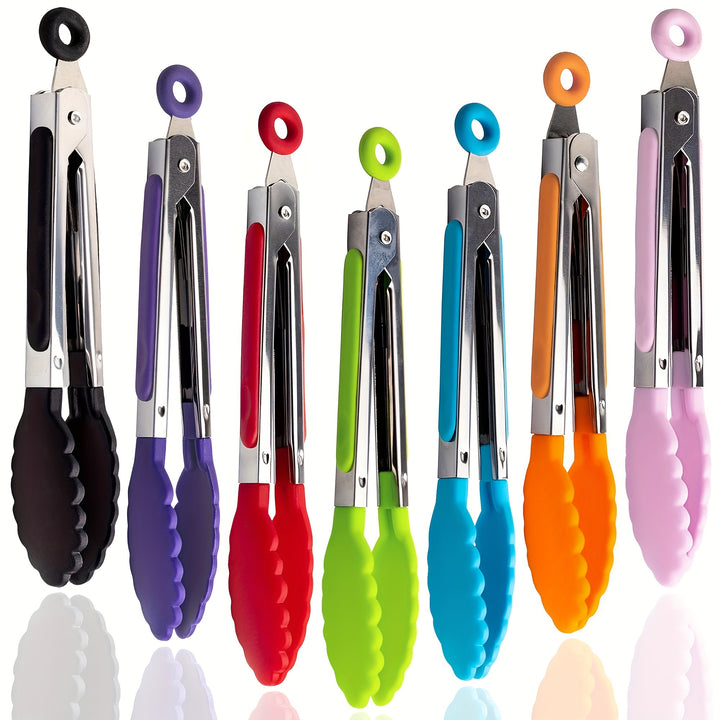 3pcs / 7pcs Kitchen Tongs, 7 Inch Small Silicone Tongs with Stainless Steel Silicon Handles and Nylon Tips, Heat Resistant Non-Stick Cooking Tongs, Mini Locking Food Tongs for Cooking Salad Grilling and Frying