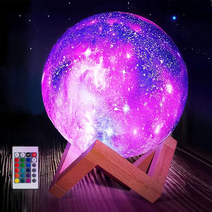 16 Colors 3D Star Moon Lamp - Wooden Stand, Remote Control, USB Plug-in, Perfect Birthday Gift for Lovers (5.9 Inches)