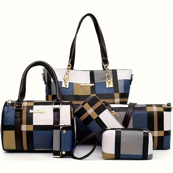 Large Capacity 6pcs/set Checkered Pattern Bag - Shoulder, Crossbody, Clutch, Long & Short Wallet