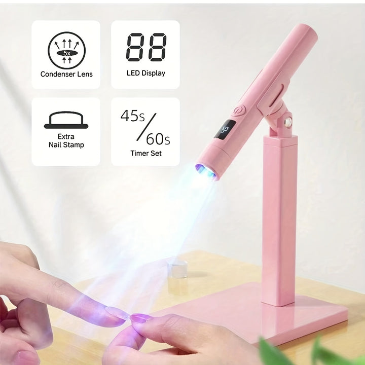 Pink LED Nail Lamp with 360° Rotation and Extra Nail Stamp - USB Powered, 45s/60s Timer Set, and Condenser Lens for Perfect Manicures