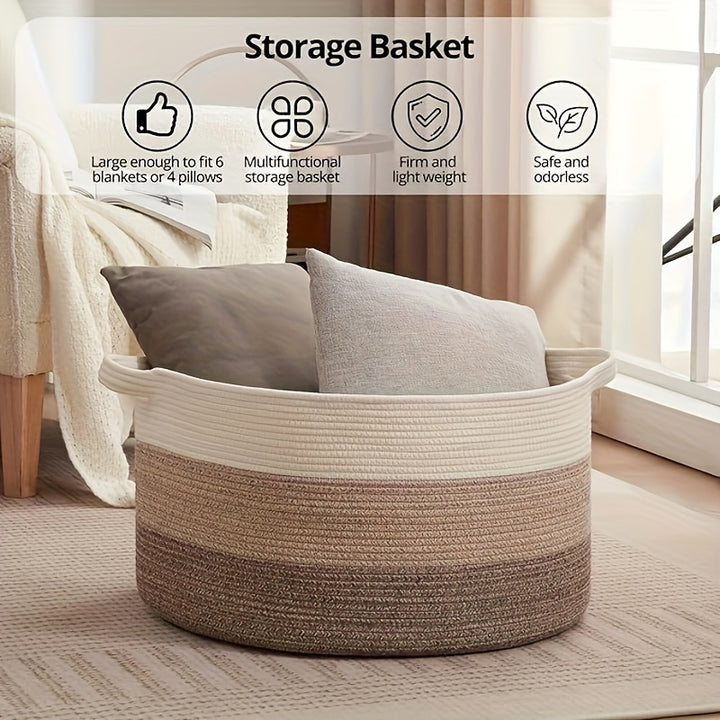 XXXLarge22"x22"x14"(22.98gal)Large Rope Basket, Throw Blanket Storage For Living Room Woven Baby Laundry Basket With Handle Nursery Basket Soft Toy Storage Basket Comfortable Cushions Thread Hamper, Storage Boxes for Organizi