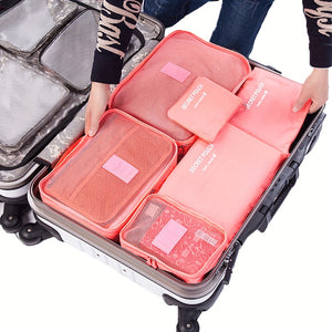 6pcs Travel Organizer Set - Pink Fabric Storage Bags for Clothes & Shoes, Mesh and Solid Compartments, Ideal for Suitcase Packing and Wardrobe Organization, Item Identification Tags|Solid Color Bags|Durable Organizers