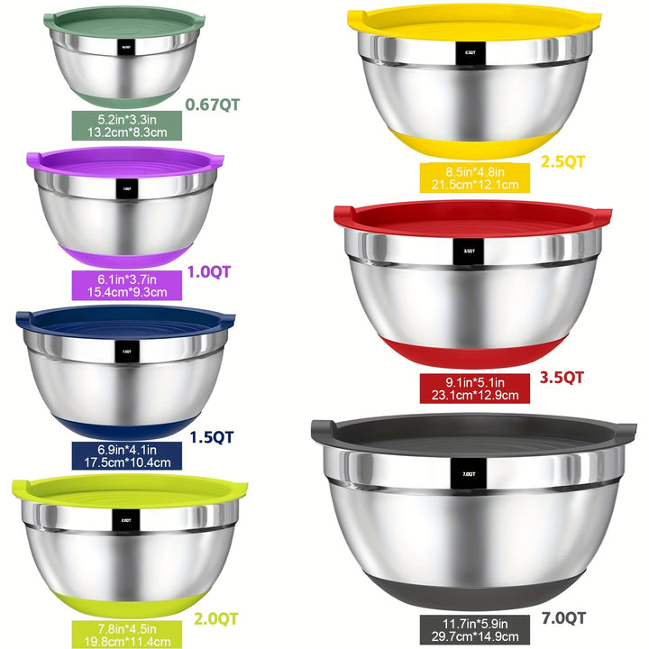 20pcs Stainless Steel Mixing Bowls - Airtight Lids, Non-Slip Colorful Silicone Bottom, Nesting Bowls - Size 7, 3.5, 2.5, 2.0, 1.5, 1, 0.67QT, Great For Mixing, Baking, Serving