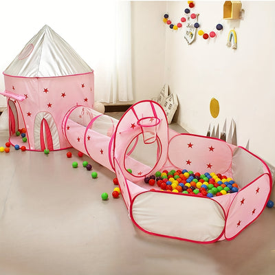 3-in-1 Pop-Up Play Tent with Tunnel & Basketball Hoop for Youngsters - Pink Indoor/Outdoor Youngsters Playhouse, Durable Polyester Material, Perfect Gift for Girls (Colorful Balls Not Included), Youngsters Tent