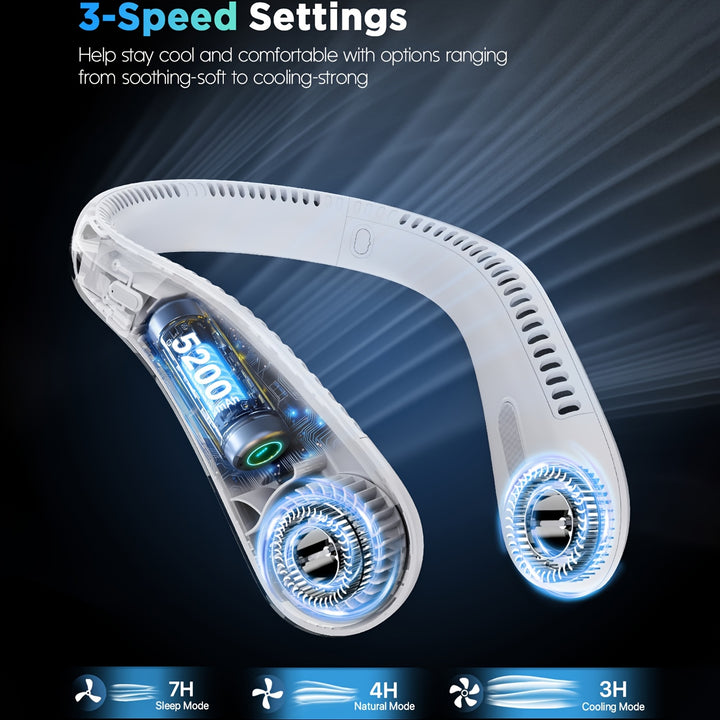 [5200mAh Portable Neck Fan] Rechargeable Portable Neck Fan - 5200mAh USB-Powered Hands Free Bladeless Cooling Fan With 3 Speed | Compact & Lightweight For Outdoor, Travel, Picnic, BBQ, Fishing, Jobsite | Battery Powered (4-16