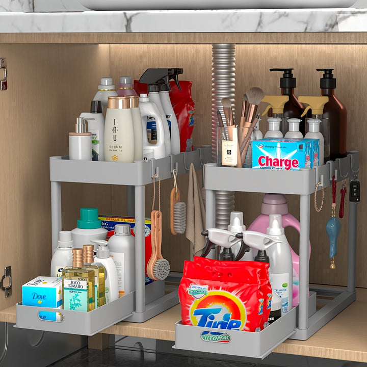 Under Sink Organizer 2 Pack, Bathroom Cabinet Organizer, 2 Tier Sliding Cabinet Basket Organizer Drawer, Multi-Purpose Bath Collection Baskets