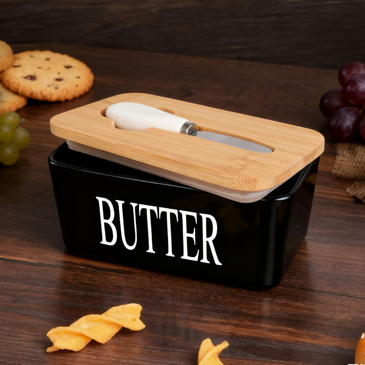 1 Pc Luxury Large Butter Dish with Lid - Ceramic Countertop Keeper with Knife Sealing and Design - Perfect Kitchen