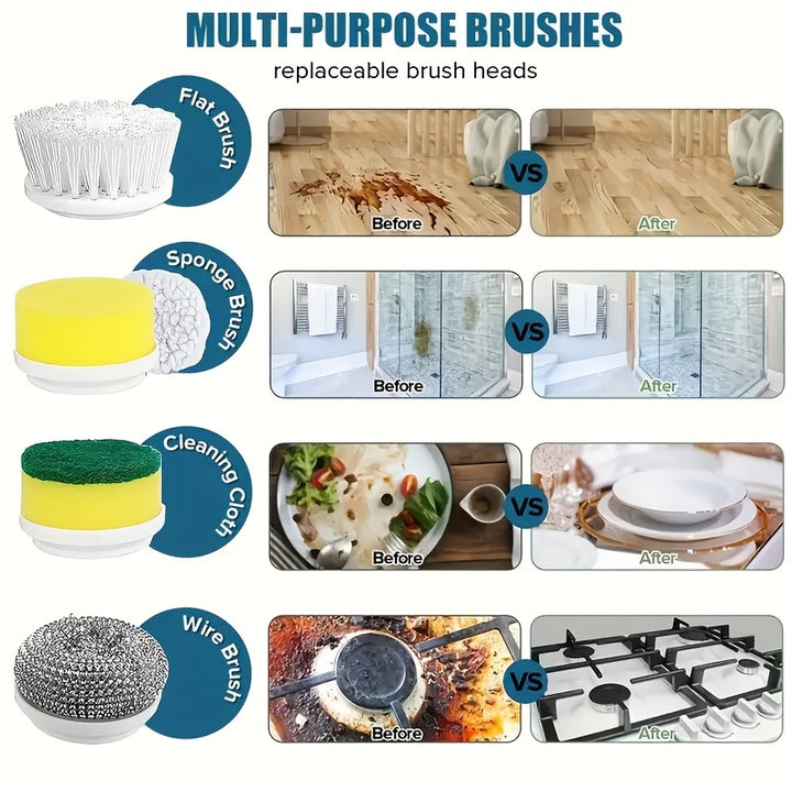 [5 Interchangeable Brush Heads Scrubber] Electric Spin Scrubber, a Portable Cleaning Tool Featuring 5 Interchangeable Brush Heads, Designed for High-Speed Cleaning in Kitchens And Bathrooms. It Is a Rechargeable Multipurpose