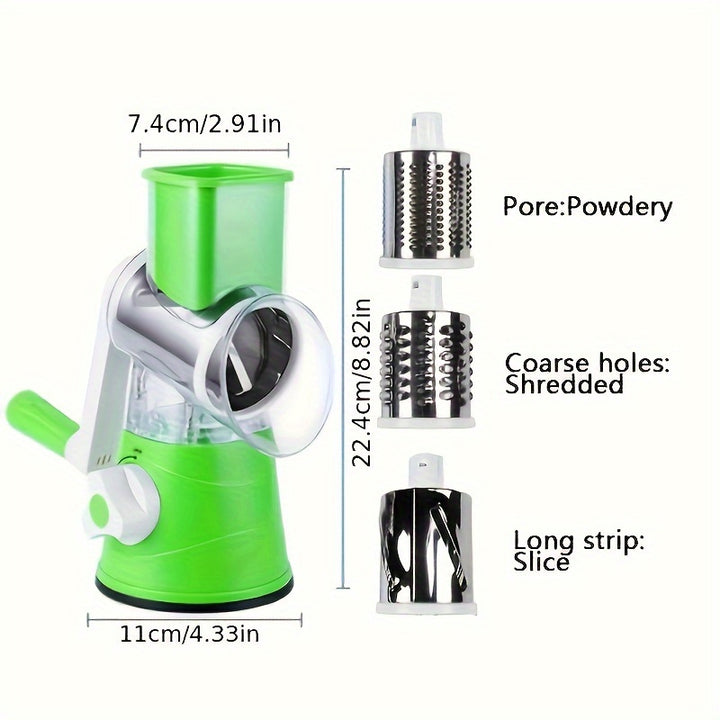 Rotary Cheese Grater and Vegetable Slicer - Kitchen Mandoline with 3 Interchangeable Blades, Easy-to-Clean for Fruits, Potatoes, Carrots, Nuts