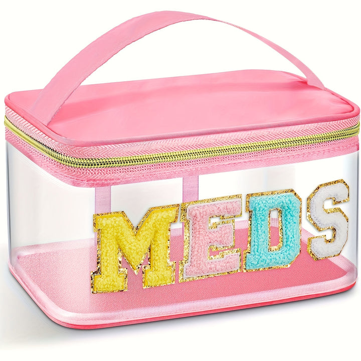 Chic Waterproof PVC Cosmetic Bag with Plush Chenille "MEDS" Letters - Portable, Large Capacity Travel Organizer with Zipper Closure, Easy to Clean - Preppy Style Patchwork Makeup Storage for Women and Girls in Pink/Blue/Turqu