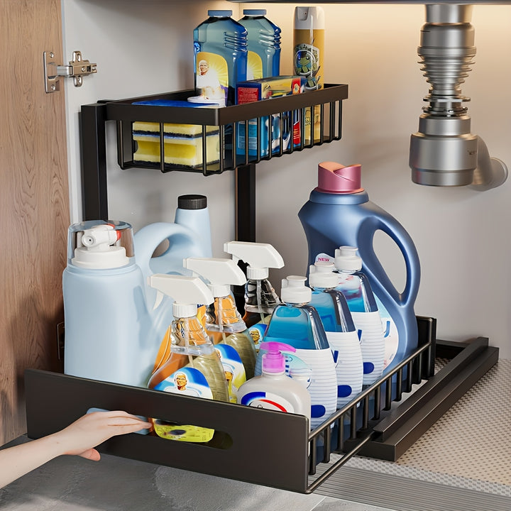 Two-Level Organizers for Under The Sink, Featuring a Sliding Pull-Out Shelf Made of Metal