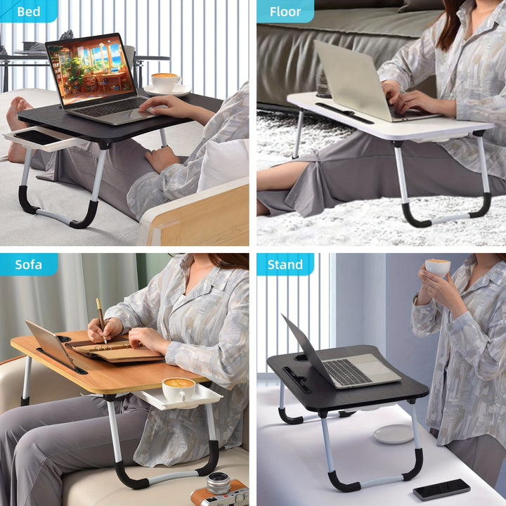 Portable Foldable Laptop Bed Desk Tray with Cup Holder & Drawer - Hardwood & Metal Construction, Large Lap Table for Reading, Writing & Studying - Ideal for Bed, Sofa, Couch - No Assembly Required, Laptop Table for Bed