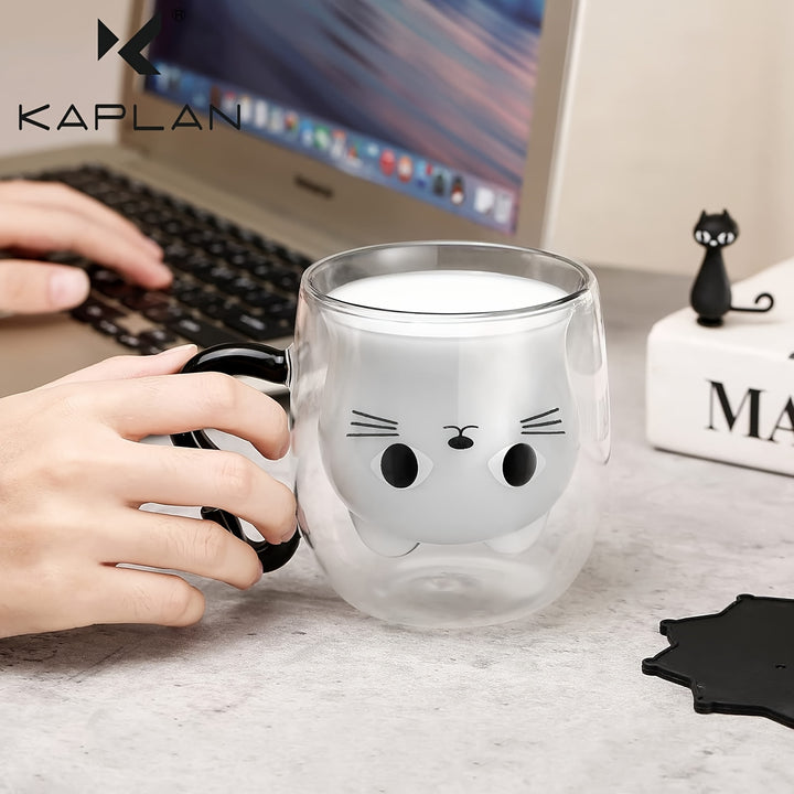 Charming Cat-Themed 9oz Glass Mug - Double Wall Insulated, Lead-Free Borosilicate Coffee Cup with Handle - Perfect Gift for Cat Lovers, Women, Teachers & Friends Cat Mug