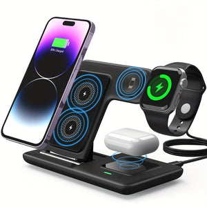 Stazione di Ricarica Wireless, Caricabatterie Wireless Pieghevole 3-in-1 per Smartphone, Adatta per iPhone 15, 14, 13, 12, 11/Pro/Max/Mini/Plus, X, XR, XS/Max, SE, 8/Plus, Adatta per iWatch 1-9 e Airpods 3/2/Pro.