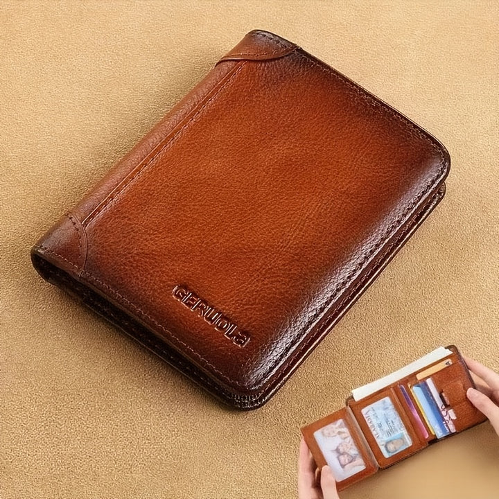 Men's Ultra-thin Double-folded Leather Front Pocket RFID Wallet with 2 ID Card Windows