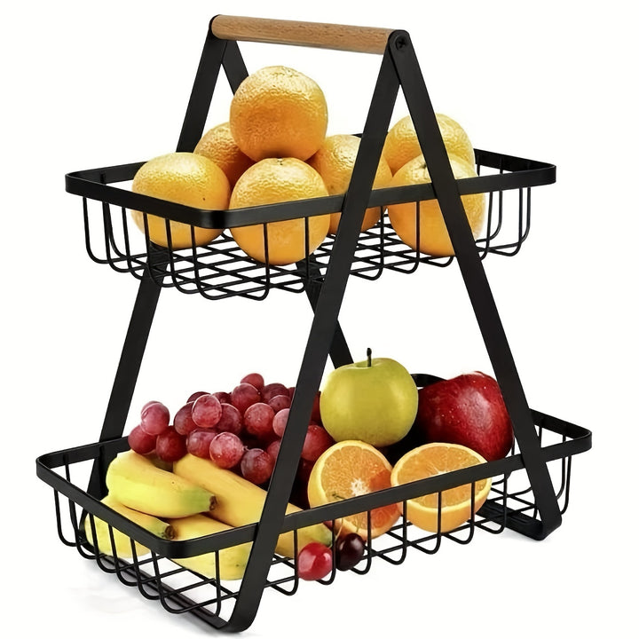 Modern Metal Fruit and Vegetable Basket with Detachable Bowl-Shaped Storage and Wooden Handle for Kitchen Organization, Perfect for Christmas/Halloween Gift, Countertop, Bathroom