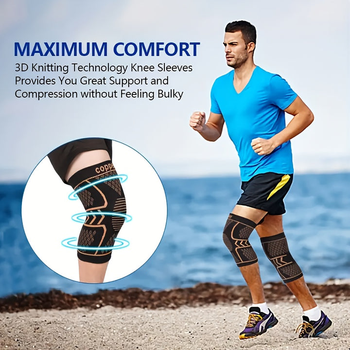 2pcs Copper Compression Knee Sleeves For Sports - High Elastic Non-slip, Breathable Knit, Supportive & Elastic, Suitable For Outdoor Sports, Running, Fitness, Various Ball Games, Basketball & Athletic Injury Prevention, Very