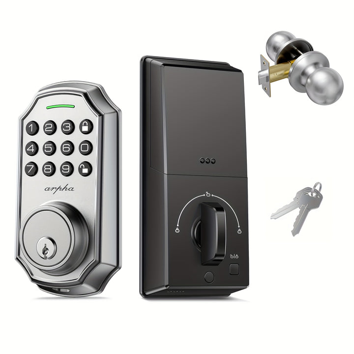 [Smart Keyless Entry Door Lock] Arpha Smart Keyless Entry Door Lock - Auto Lock/Unlock, 100 Code Anti-Peek Combination, Easy Installation, Low Battery Alarm, Strong & Heavy Zinc Alloy, Black & Orange, for Secure Home Access,