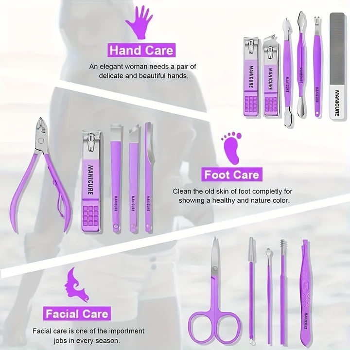 Premium 16-Piece Stainless Steel Kit - Modern Style Nail Clipper Set for Travel & Beauty Care - Professional Grooming Tools with Straight Edge, Nail File, Ear Pick, Scissors